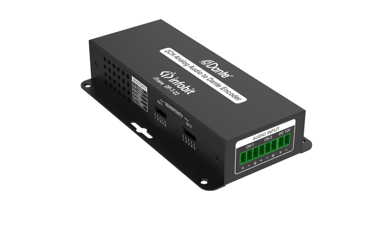 2-х канальный аналоговый аудиокодер Infobit iTrans DP-T-22,  Dante передатчик (Tx) с PoE